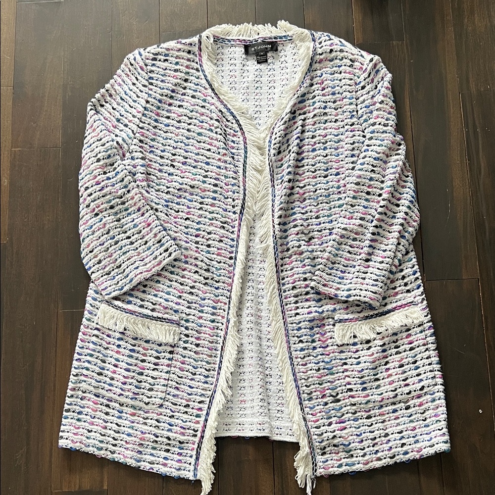 St. John White and Multicolor Fringe Cardigan